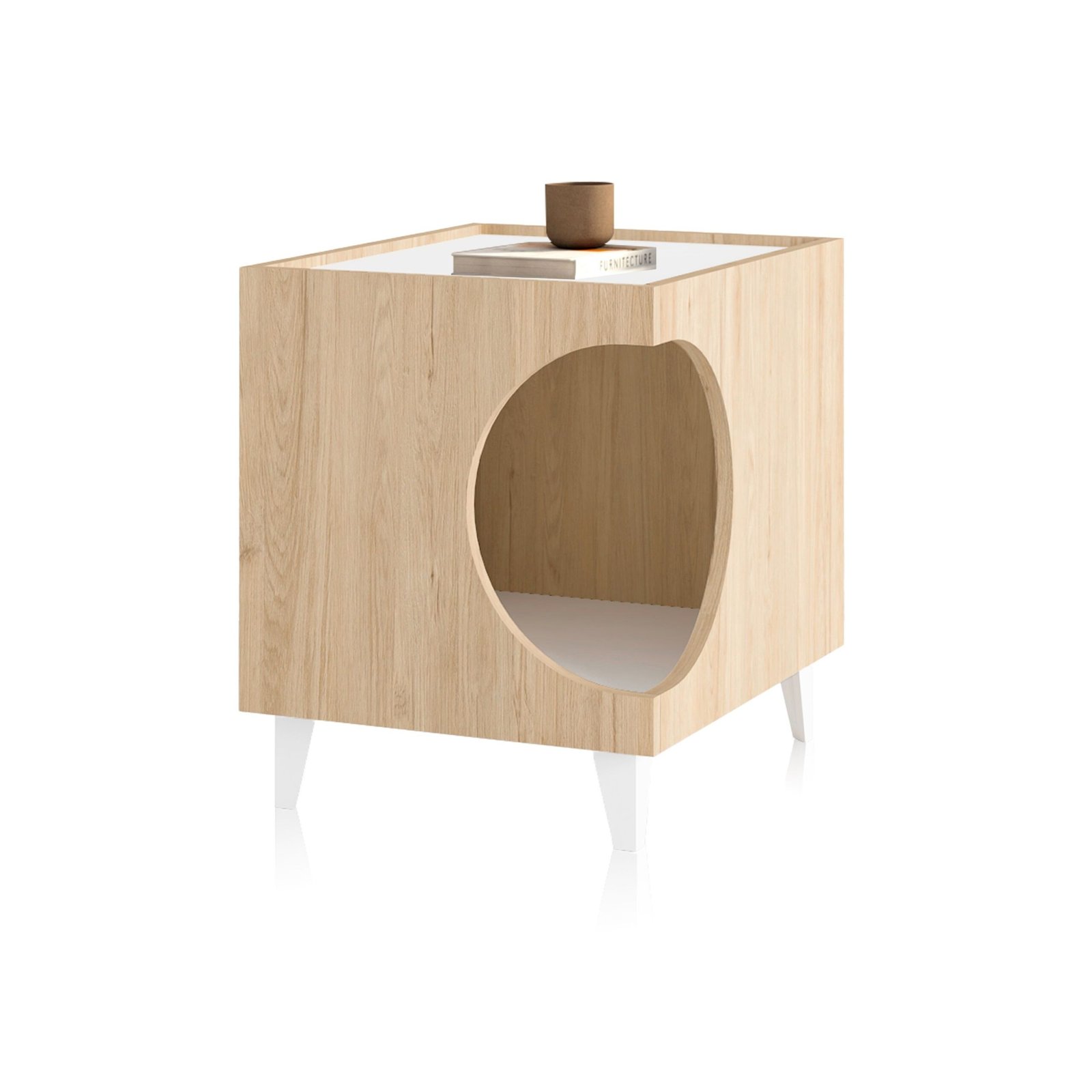 CAT House END Table Round Entry OAK White