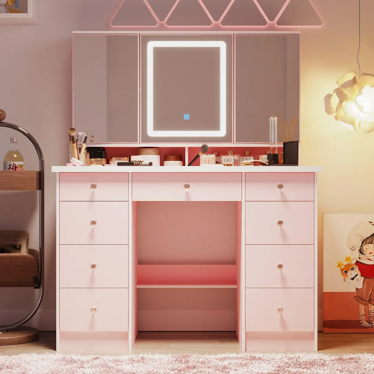 Pink vanity set for bedroom and beauty furniture buyers